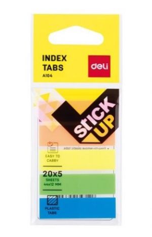 Самозалепващи индекси Deli Stick Up PVC, 44х12 мм, 5х20 л, микс, неон